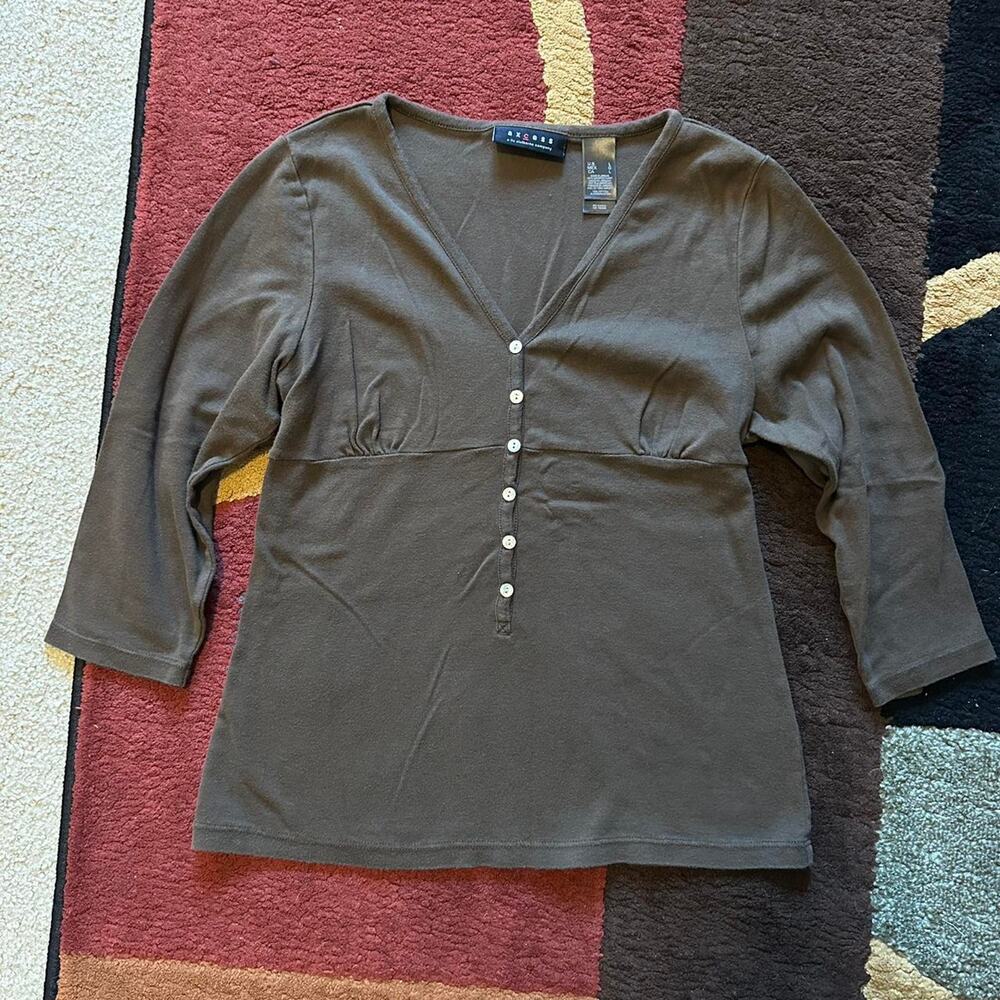 y2k axcess by liz claiborne 100% cotton 2000s brown 3/4 sleeve babydoll top